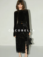 COCOBELLA Elegant Black Gold Lace Patchwork New Chinese Style Slim Mid Waist Midi Skirts