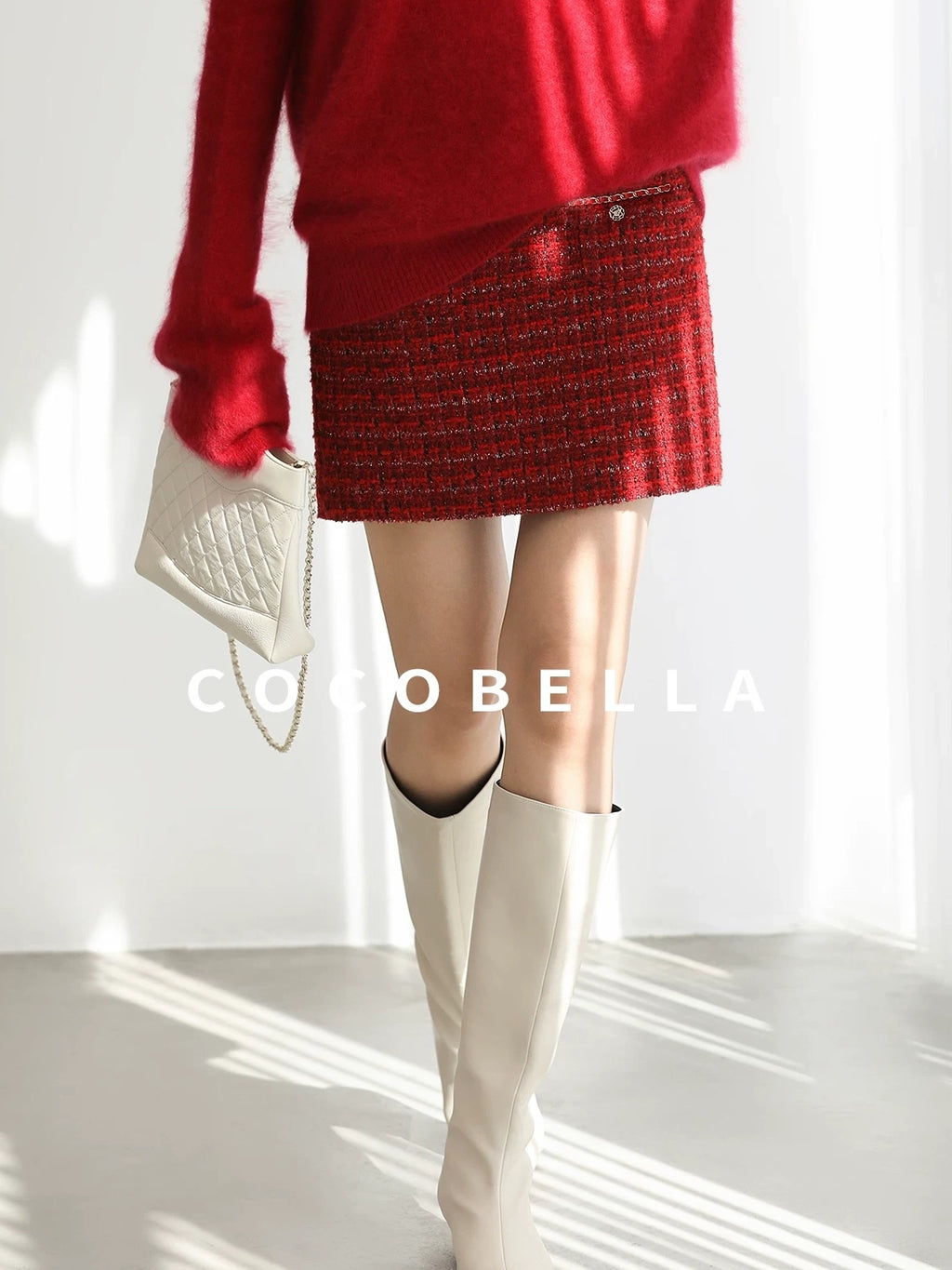 COCOBELLA Elegant Button Chain Pocket Mid Waist Pencil Short Women Polyester Skirts