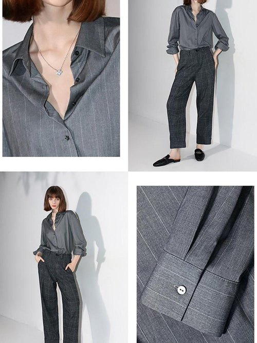 COCOBELLA Elegant Button Stripe Topstitch Long Sleeve Straight Office Women Shirts