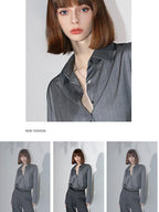 COCOBELLA Elegant Button Stripe Topstitch Long Sleeve Straight Office Women Shirts