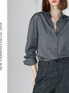 COCOBELLA Elegant Button Stripe Topstitch Long Sleeve Straight Office Women Shirts
