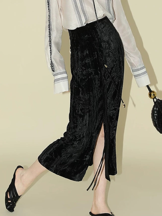 COCOBELLA Elegant Chinese Tie Waist 3D Trim Mid Rise A Line Polyester Women Skirts