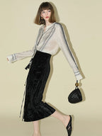 COCOBELLA Elegant Chinese Tie Waist 3D Trim Mid Rise A Line Polyester Women Skirts