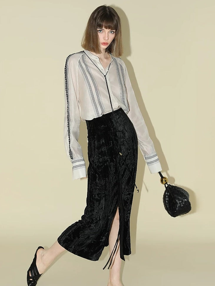 COCOBELLA Elegant Chinese Tie Waist 3D Trim Mid Rise A Line Polyester Women Skirts