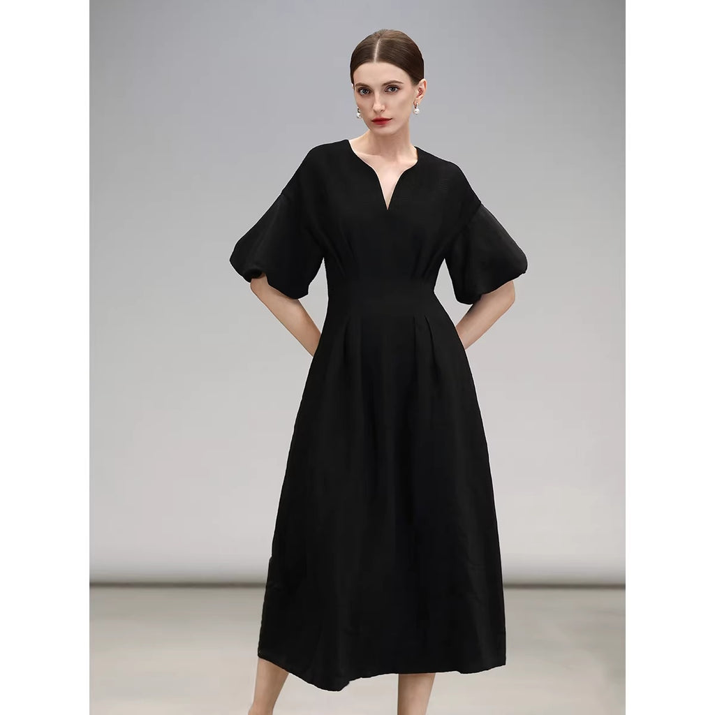 COCOBELLA_Elegant_Cinched_Waist_Pleated_A_Line_V_Neck_Puff_Sleeve_Women_Office_Dresses_MISSTT
