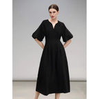COCOBELLA_Elegant_Cinched_Waist_Pleated_A_Line_V_Neck_Puff_Sleeve_Women_Office_Dresses_MISSTT