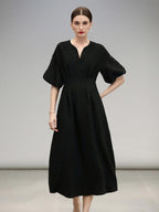 COCOBELLA Elegant Cinched Waist Pleated A Line V Neck Puff Sleeve Women Office Dresses