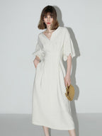 COCOBELLA Elegant Cinched Waist Pleated A Line V Neck Puff Sleeve Women Office Dresses