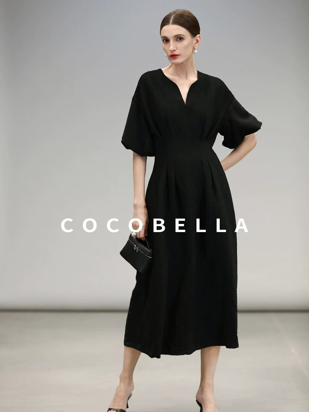 COCOBELLA Elegant Cinched Waist Pleated A Line V Neck Puff Sleeve Women Office Dresses