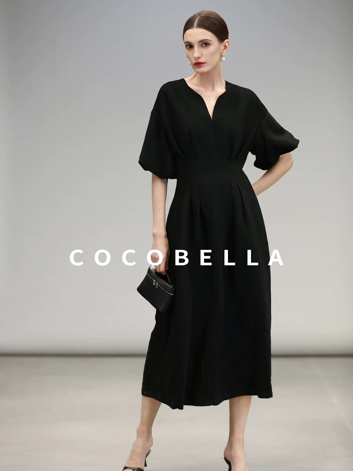 COCOBELLA Elegant Cinched Waist Pleated A Line V Neck Puff Sleeve Women Office Dresses