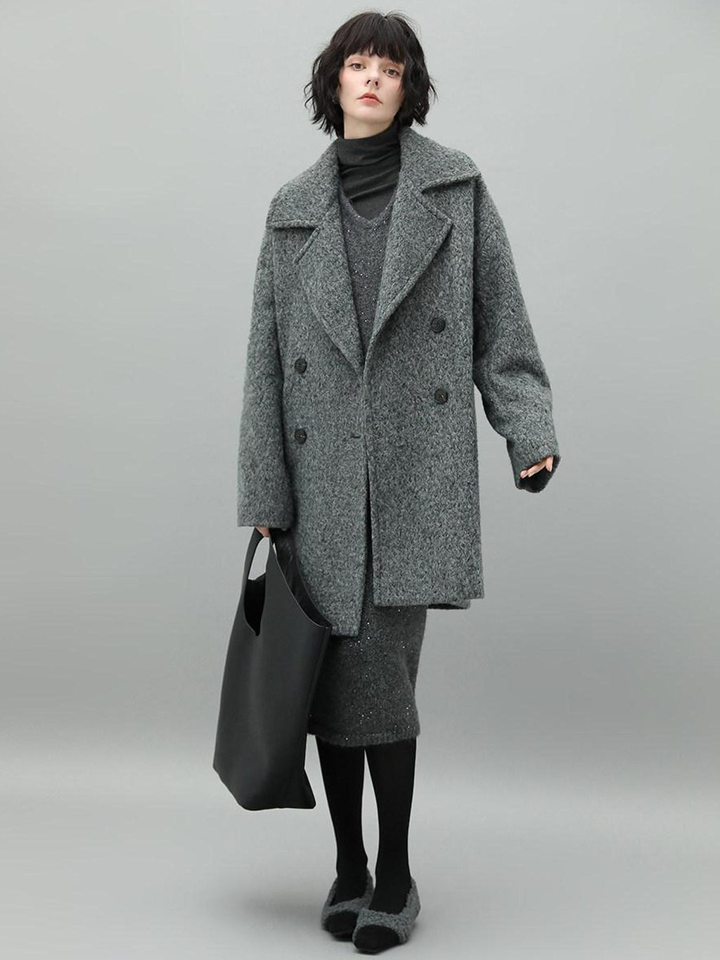 COCOBELLA Elegant Double Breasted Straight Midlength Work Polyester Heather Grey Coats