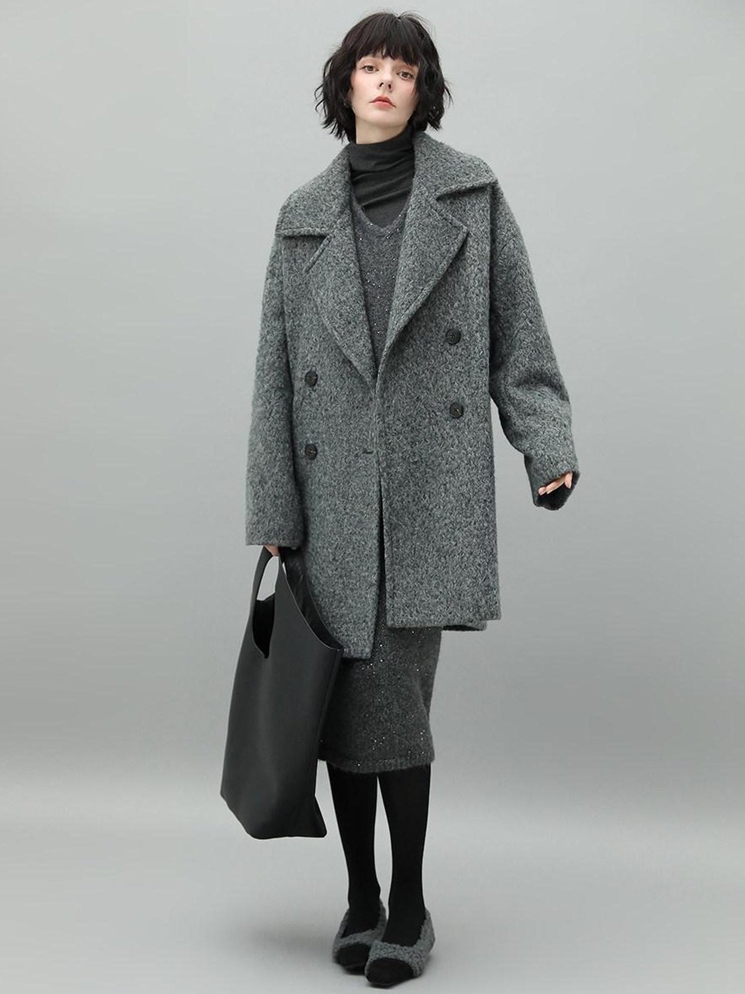 COCOBELLA Elegant Double Breasted Straight Midlength Work Polyester Heather Grey Coats