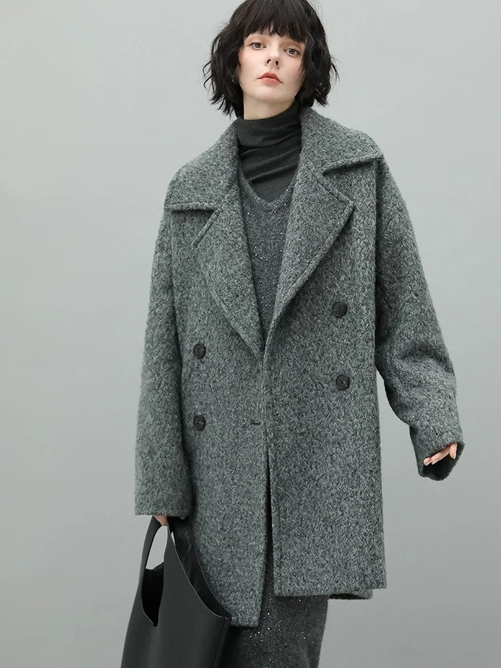 COCOBELLA Elegant Double Breasted Straight Midlength Work Polyester Heather Grey Coats