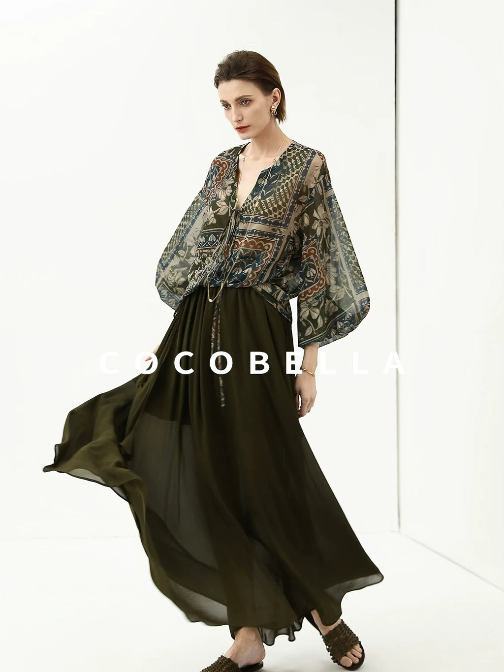 COCOBELLA Elegant French Print Straight Fit Long Puff Sleeve Round Neck Women Pop T-Shirts