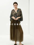 COCOBELLA Elegant French Print Straight Fit Long Puff Sleeve Round Neck Women Pop T-Shirts