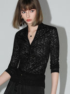 COCOBELLA Elegant French Slim V Neck Lace Cutout 3D Embellished Long Sleeve Women T-Shirts
