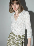 COCOBELLA Elegant French Slim V Neck Lace Cutout 3D Embellished Long Sleeve Women T-Shirts