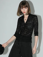 COCOBELLA Elegant French Slim V Neck Lace Cutout 3D Embellished Long Sleeve Women T-Shirts