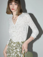COCOBELLA Elegant French Slim V Neck Lace Cutout 3D Embellished Long Sleeve Women T-Shirts