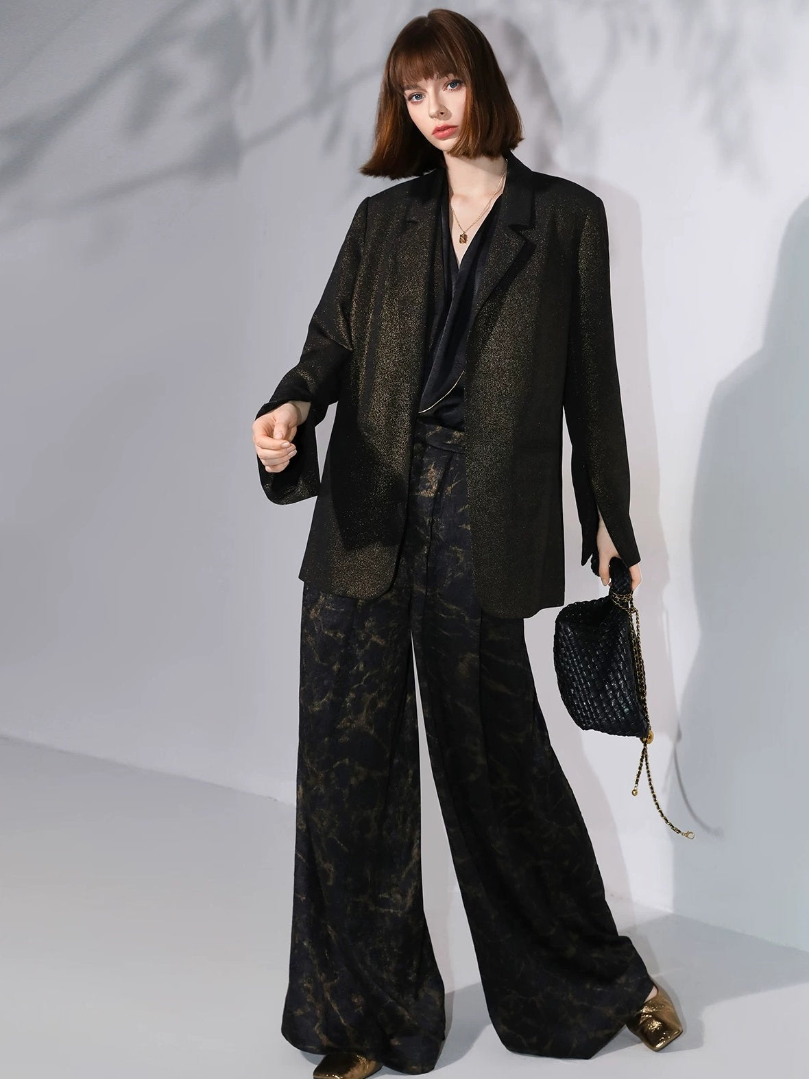COCOBELLA Elegant Gold Trim Straight Fit Single Button Office Black Gold Blazers