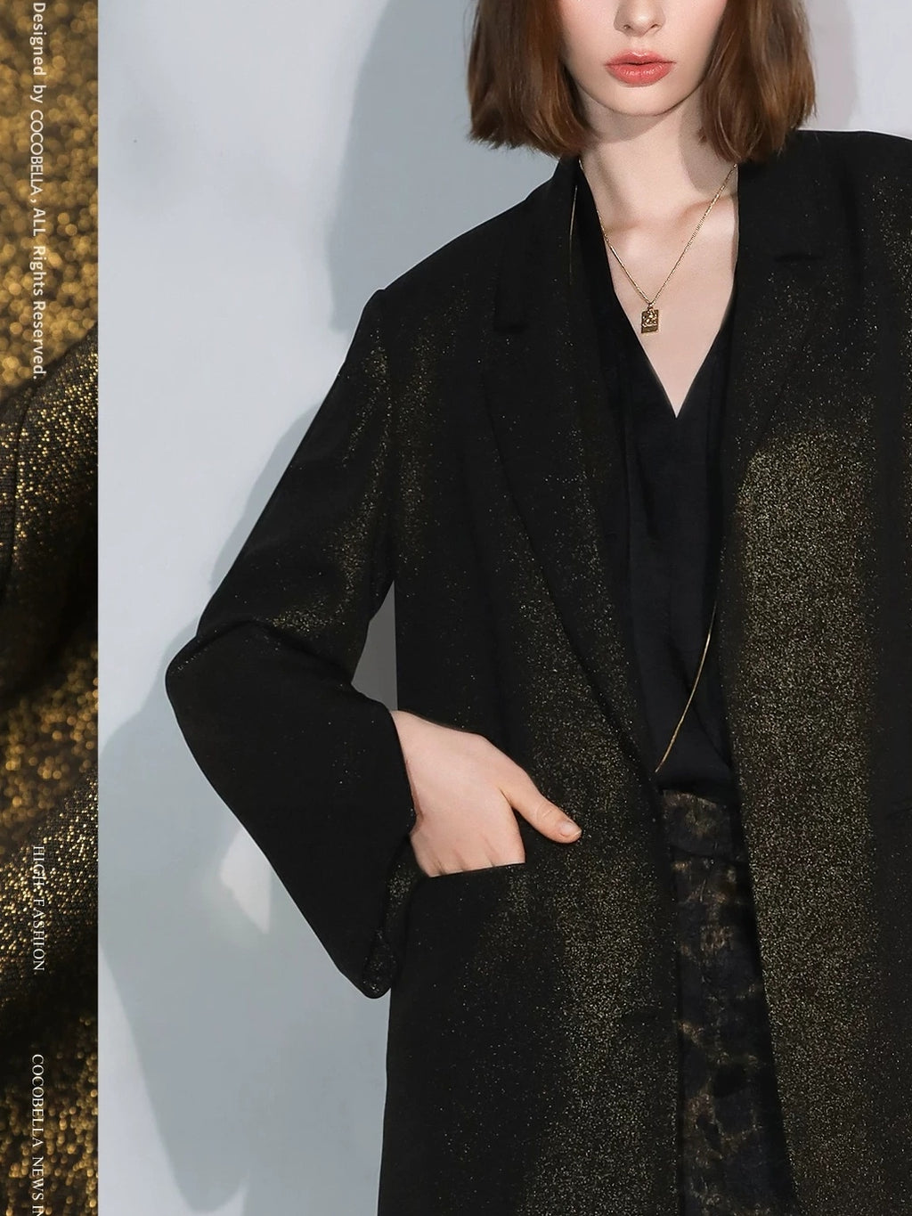 COCOBELLA Elegant Gold Trim Straight Fit Single Button Office Black Gold Blazers