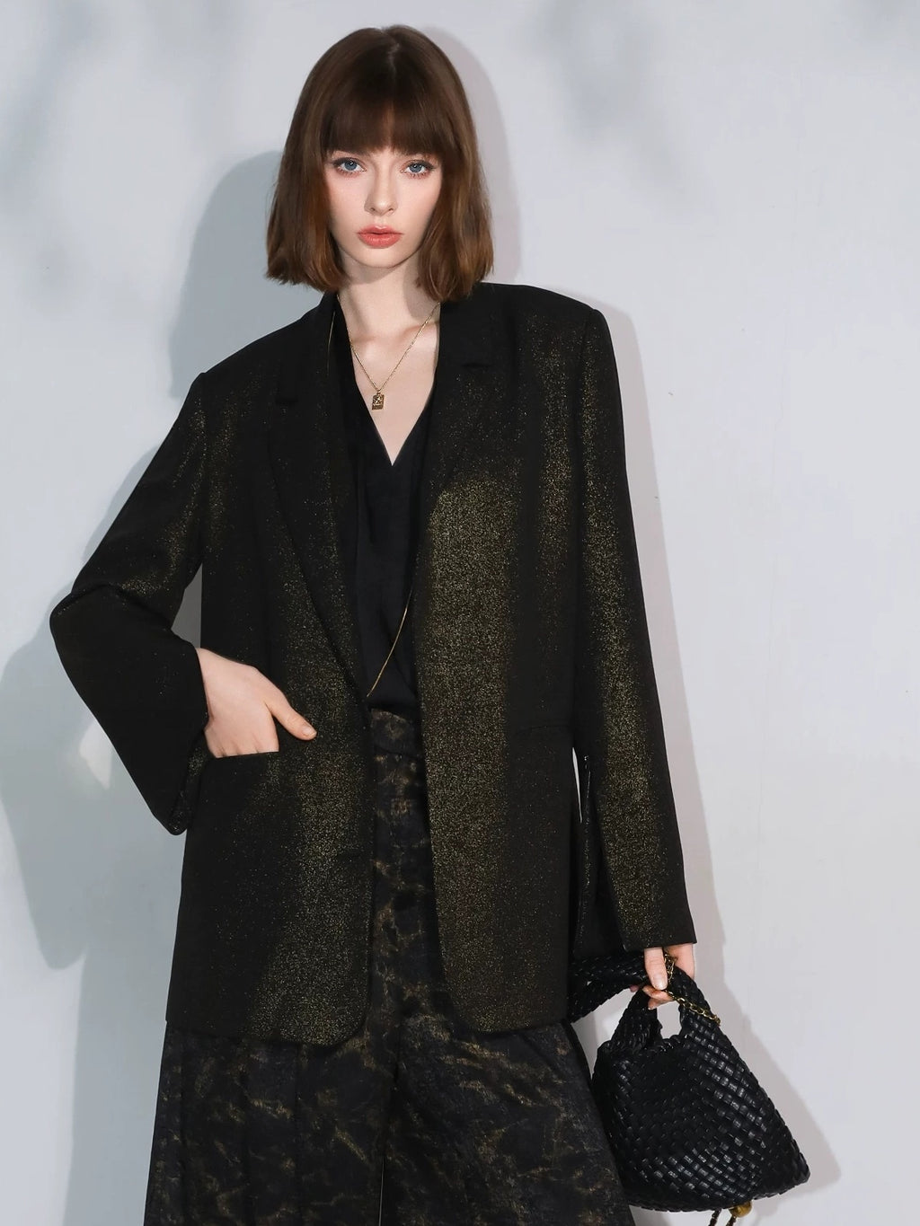 COCOBELLA Elegant Gold Trim Straight Fit Single Button Office Black Gold Blazers