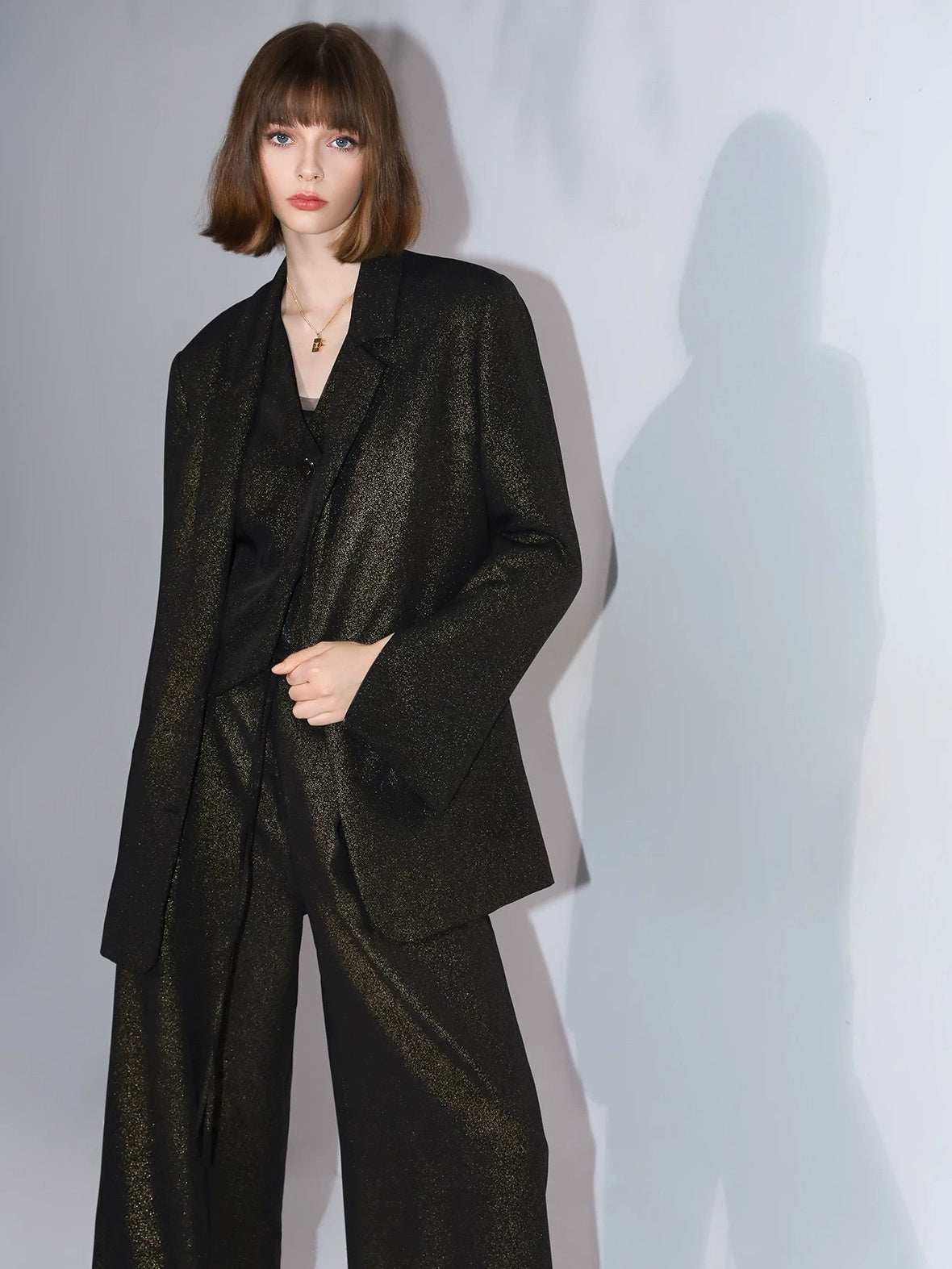 COCOBELLA Elegant Gold Trim Straight Fit Single Button Office Black Gold Blazers