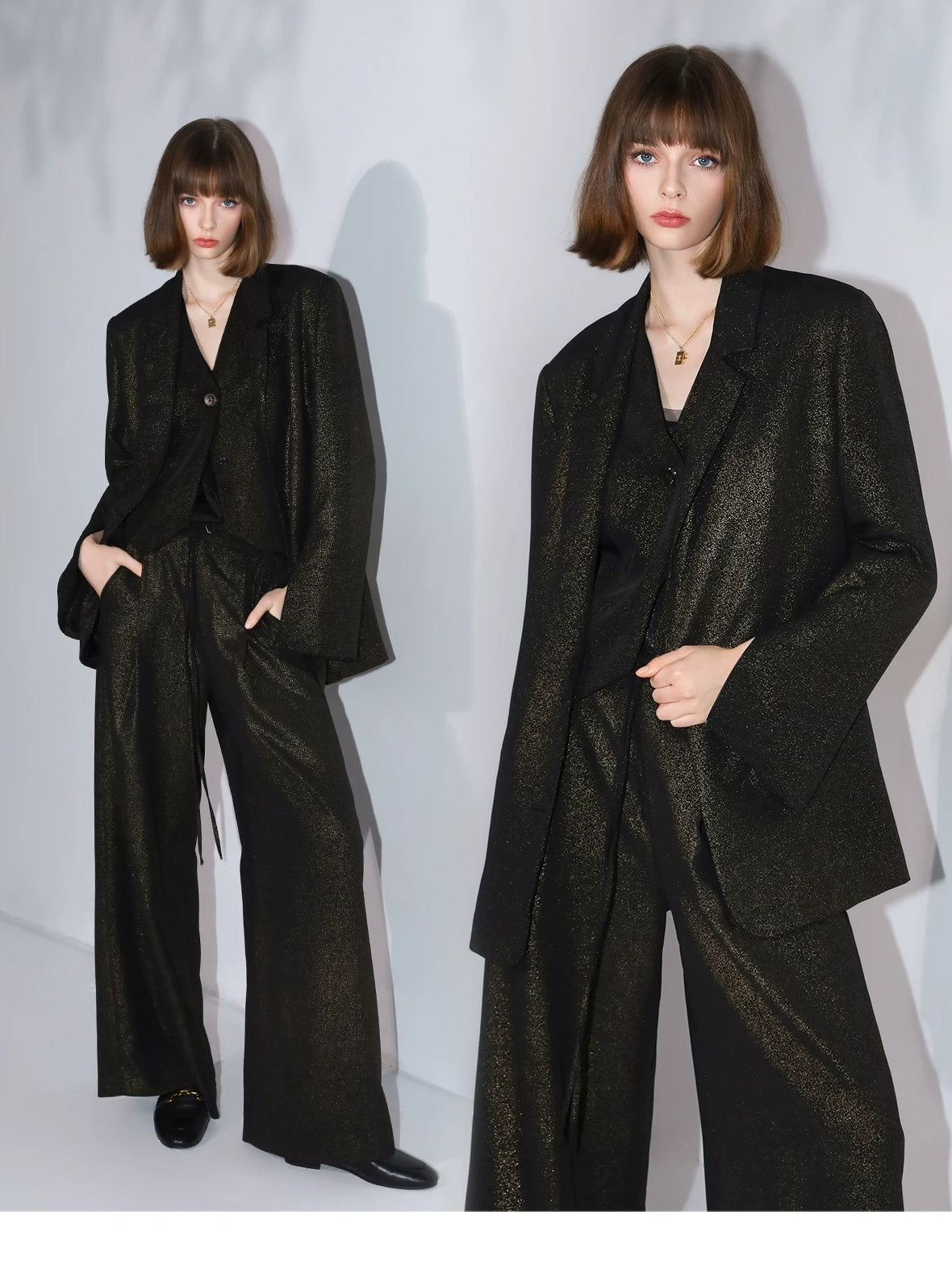COCOBELLA Elegant Gold Trim Straight Fit Single Button Office Black Gold Blazers