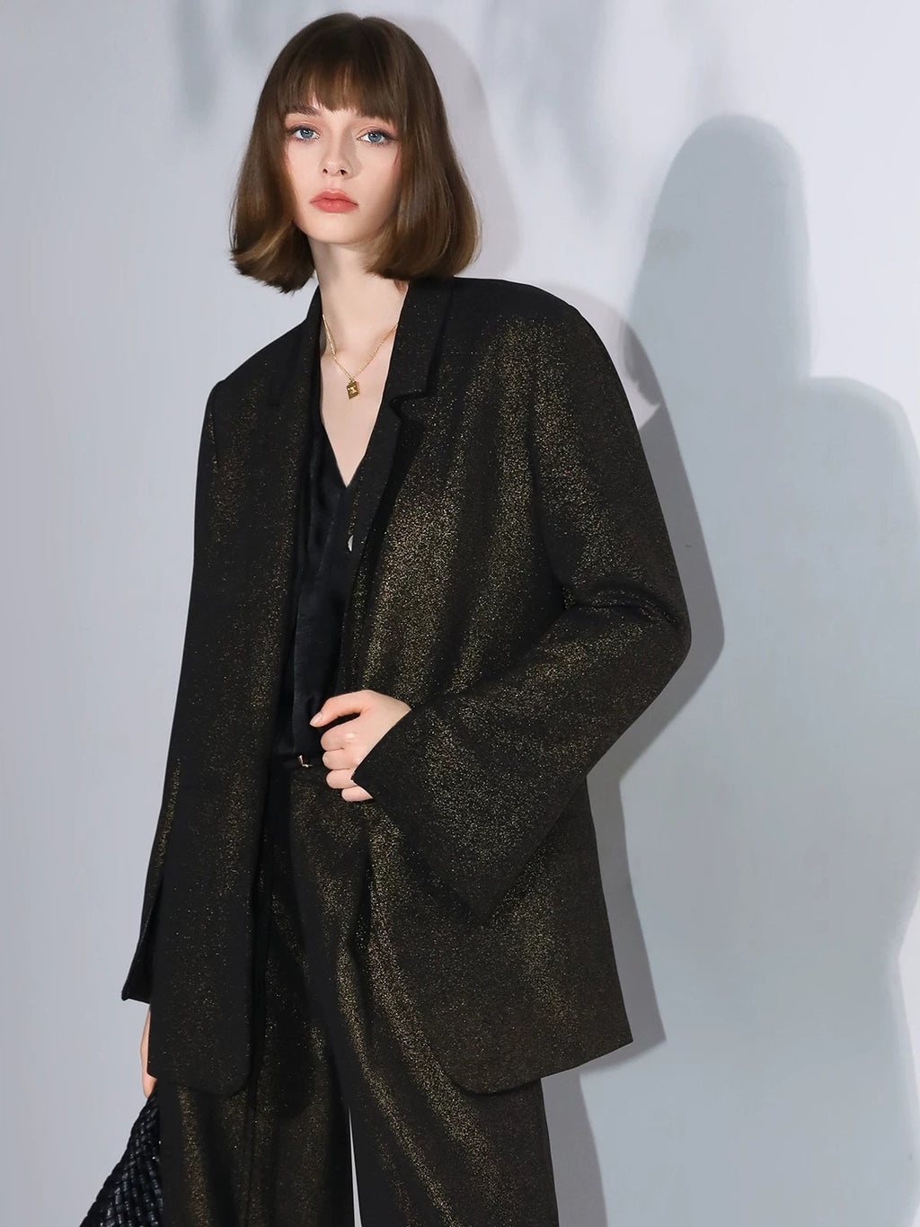 COCOBELLA Elegant Gold Trim Straight Fit Single Button Office Black Gold Blazers