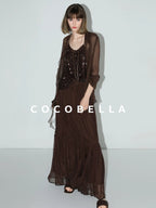 COCOBELLA Elegant High Waist A Line Mesh Ruched Chocolate Brown Office Skirts