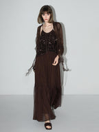 COCOBELLA Elegant High Waist A Line Mesh Ruched Chocolate Brown Office Skirts