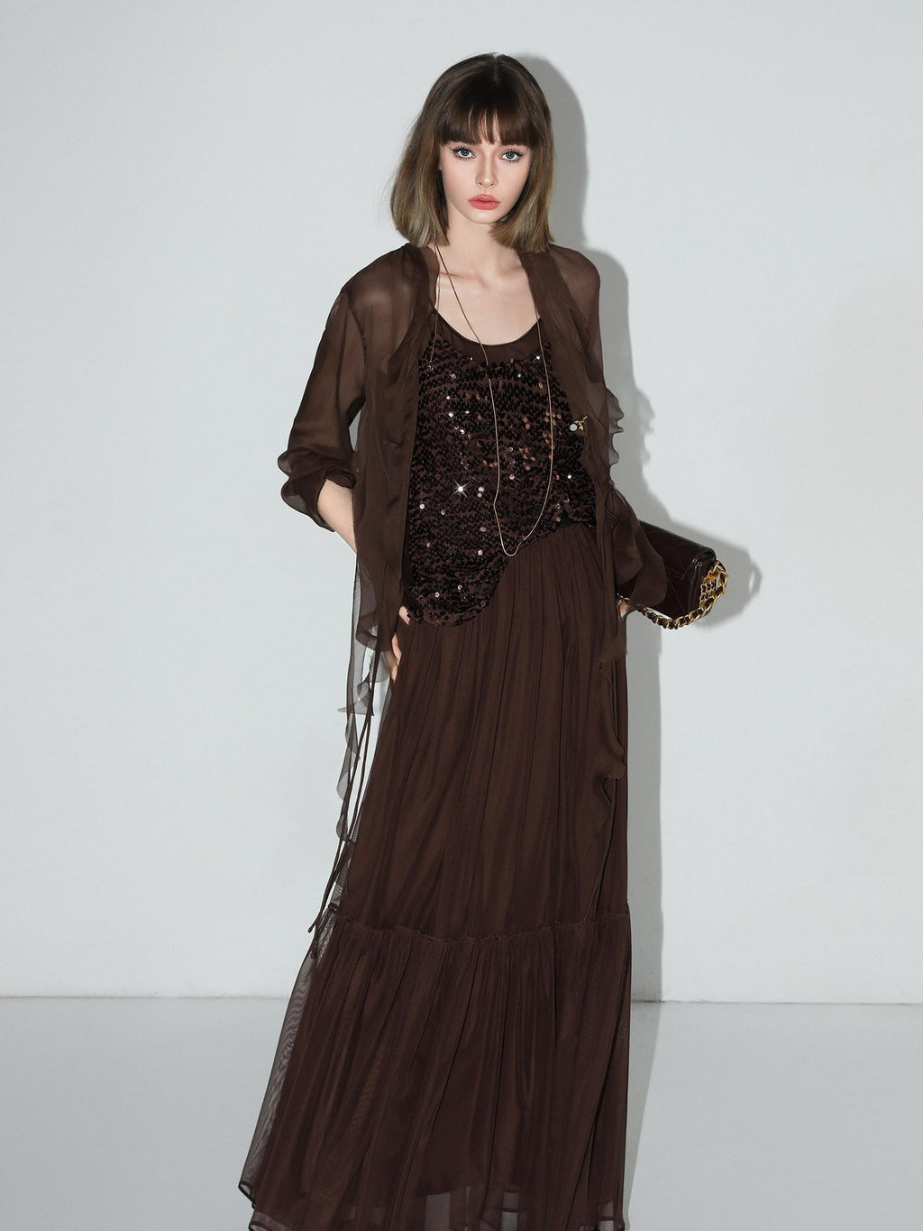COCOBELLA Elegant High Waist A Line Mesh Ruched Chocolate Brown Office Skirts