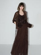 COCOBELLA Elegant High Waist A Line Mesh Ruched Chocolate Brown Office Skirts