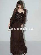 COCOBELLA Elegant High Waist A Line Mesh Ruched Chocolate Brown Office Skirts