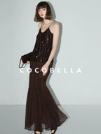 COCOBELLA Elegant High Waist A Line Mesh Ruched Chocolate Brown Office Skirts