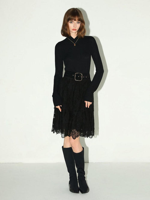 COCOBELLA Elegant High Waist Lace Mesh A Line Straight Office Commuter Black Nylon Skirts