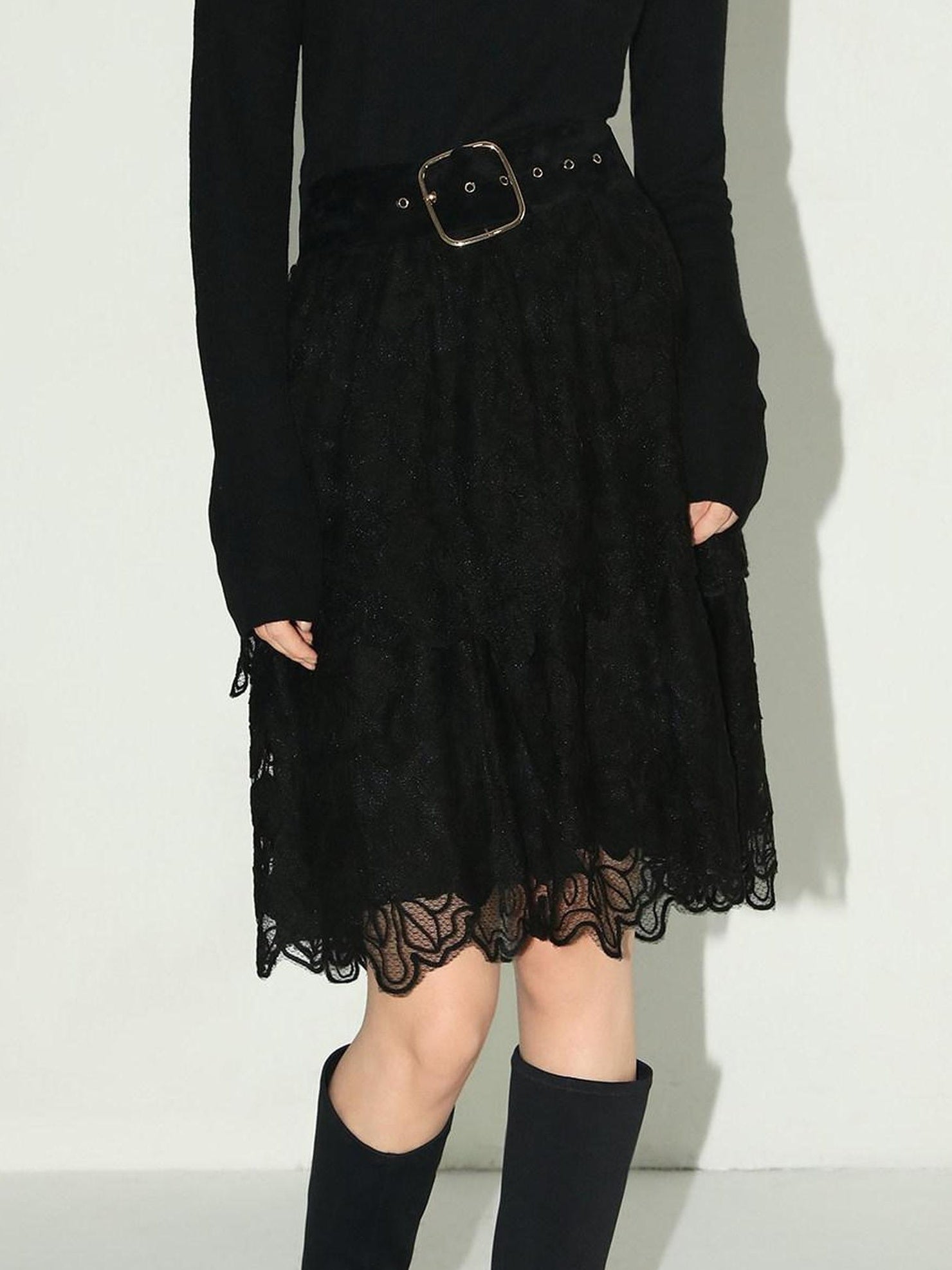 COCOBELLA Elegant High Waist Lace Mesh A Line Straight Office Commuter Black Nylon Skirts