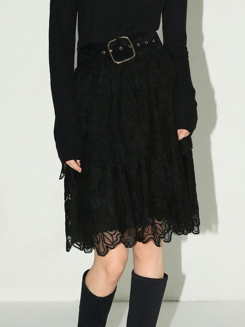 COCOBELLA Elegant High Waist Lace Mesh A Line Straight Office Commuter Black Nylon Skirts