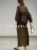 COCOBELLA Elegant High Waist Pleated Tulle Gold Belt A Line For Office Maxi Skirts