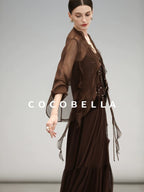 COCOBELLA Elegant High Waist Ruched Tulle A Line Women Office Polyester Skirts