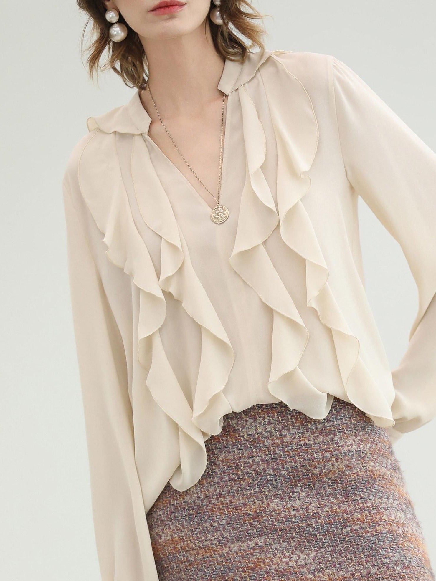 COCOBELLA Elegant Ivory Chiffon Ruffle Collar V Neck Straight Fit Women Long Sleeve Shirts
