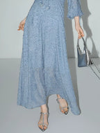 COCOBELLA Elegant Jacquard 3D Floral V Neck Dress Cinched Waist Office Sky Blue Dresses
