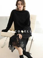 COCOBELLA Elegant Lace Patchwork H Line Mid Waist Women Classic Black Wrap Skirts