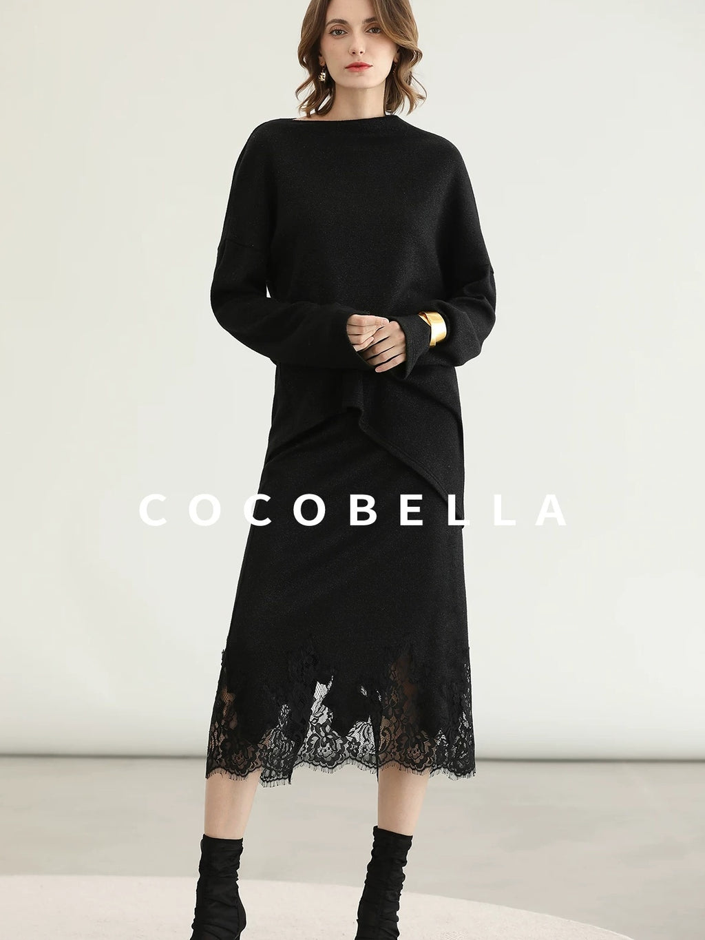 COCOBELLA Elegant Lace Patchwork H Line Mid Waist Women Classic Black Wrap Skirts