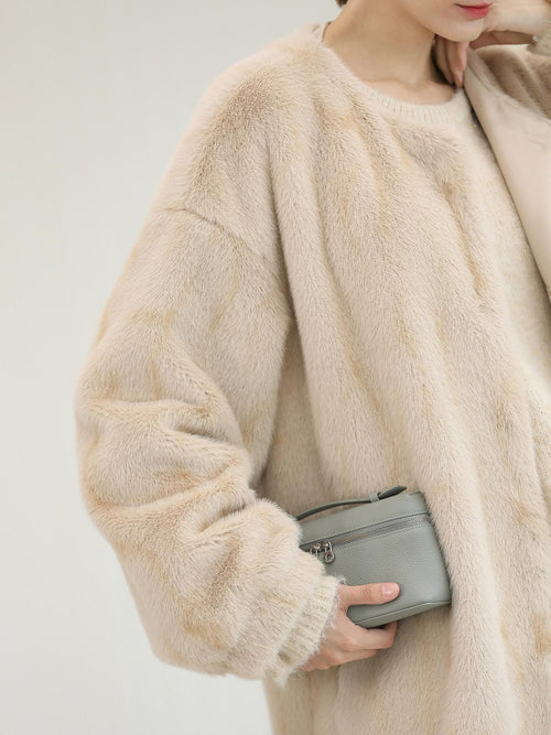 COCOBELLA Elegant Light Gold Faux Fur Long Straight Lantern Sleeves Women Coats