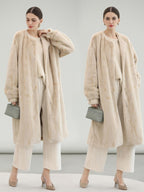 COCOBELLA Elegant Light Gold Faux Fur Long Straight Lantern Sleeves Women Coats