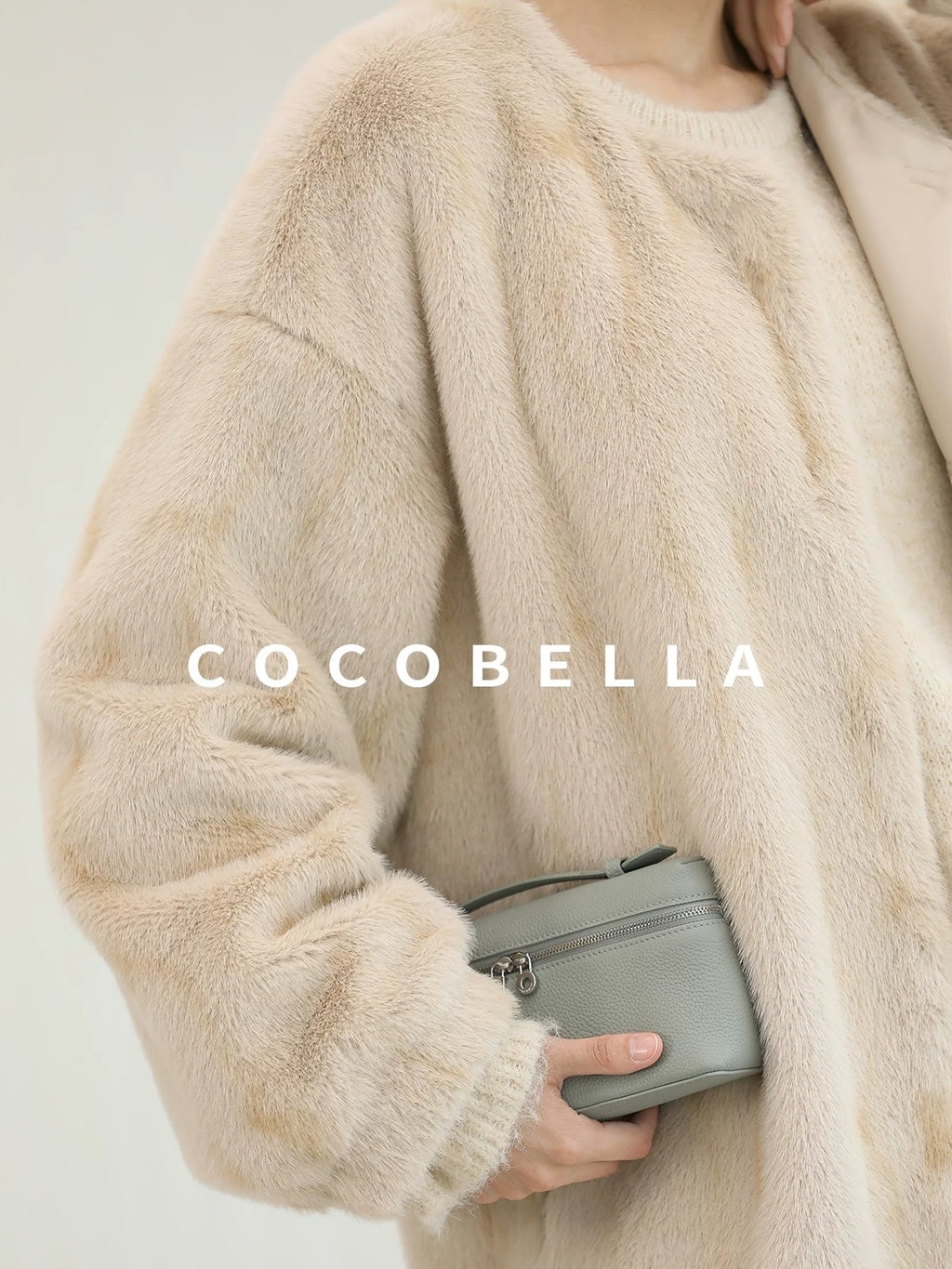 COCOBELLA Elegant Light Gold Faux Fur Long Straight Lantern Sleeves Women Coats