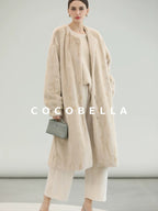 COCOBELLA Elegant Light Gold Faux Fur Long Straight Lantern Sleeves Women Coats