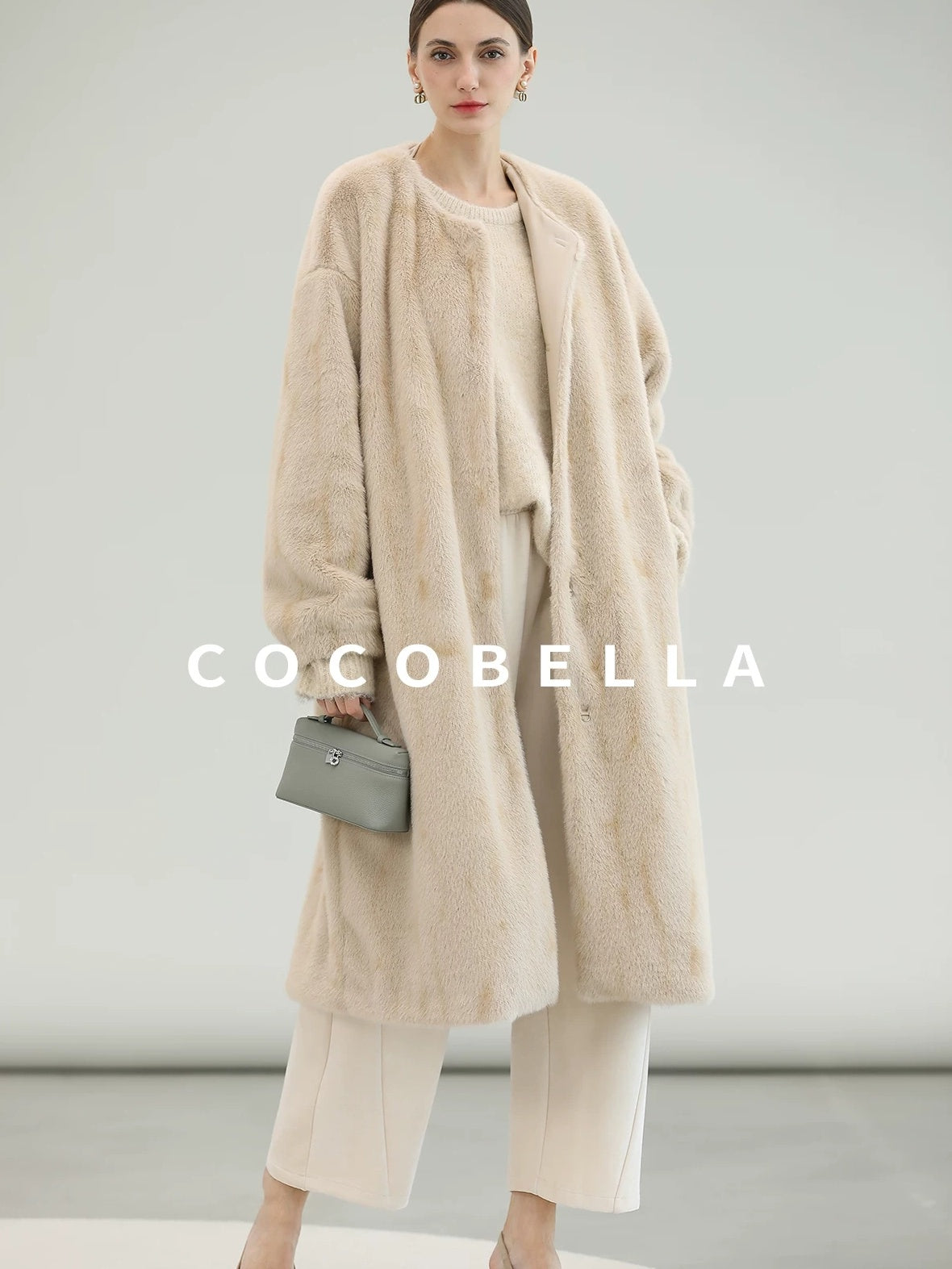 COCOBELLA Elegant Light Gold Faux Fur Long Straight Lantern Sleeves Women Coats