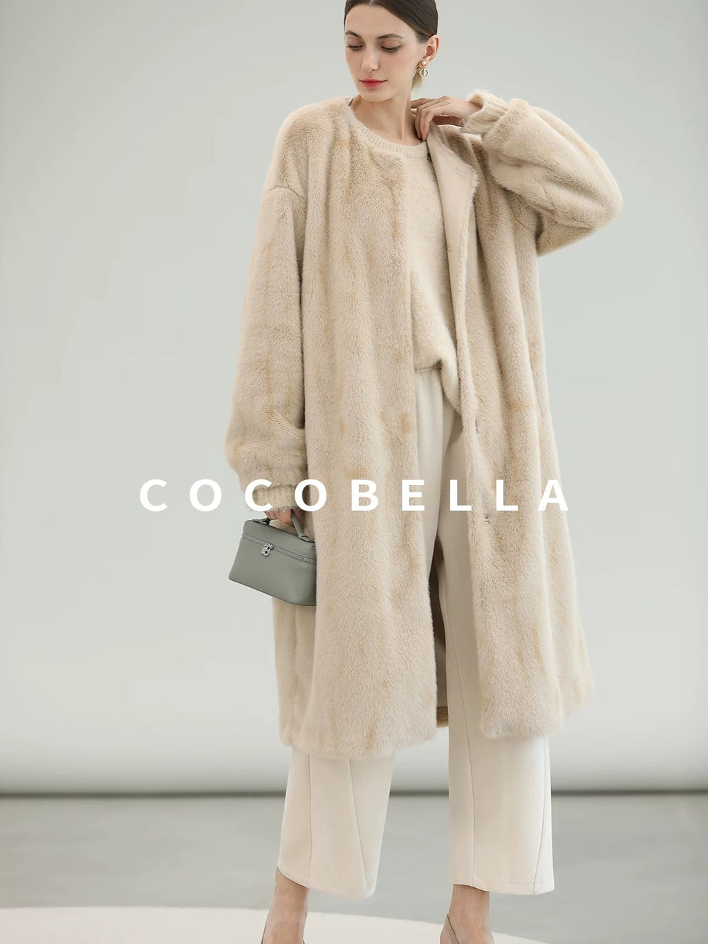 COCOBELLA Elegant Light Gold Faux Fur Long Straight Lantern Sleeves Women Coats
